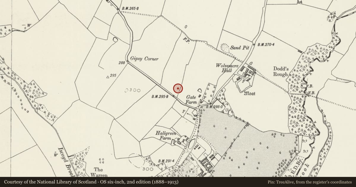 Ordnance Survey six-inch map, 2nd edition (1888–1913) covering the location of Bryn Owen Cottage, Bronington, Wrexham, with a pin at the register's coordinates