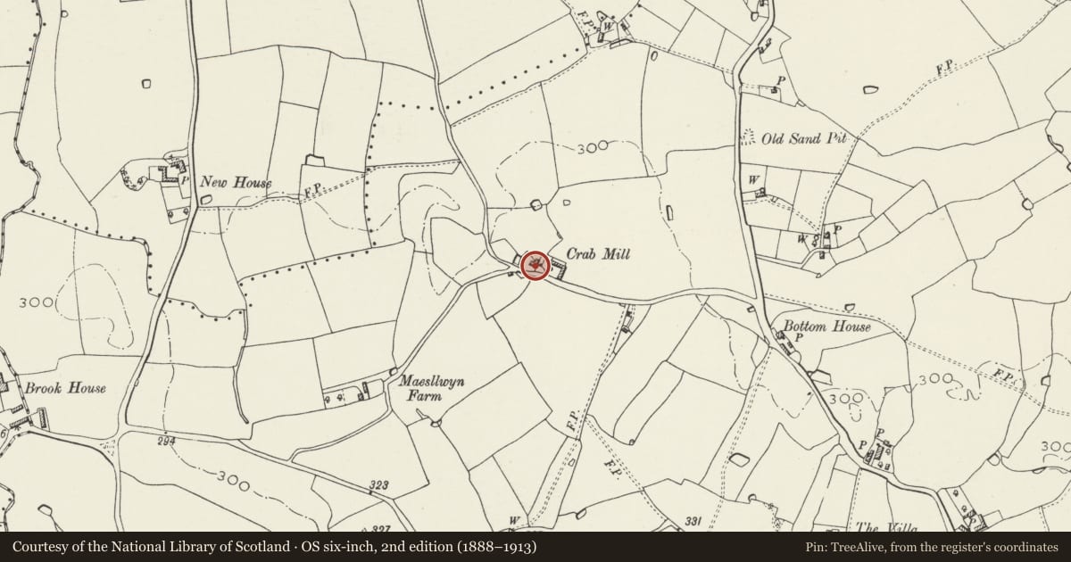 Ordnance Survey six-inch map, 2nd edition (1888–1913) covering the location of Crabmill, Bronington, Wrexham, with a pin at the register's coordinates