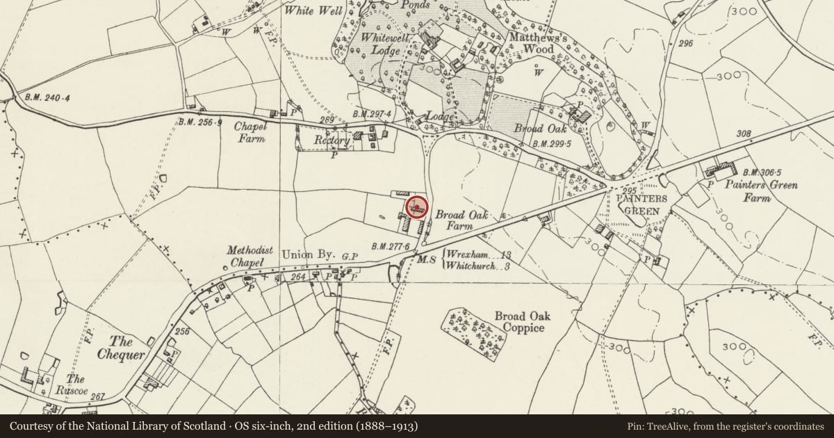 Ordnance Survey six-inch map, 2nd edition (1888–1913) covering the location of Crofts Bank, Bronington, Wrexham, with a pin at the register's coordinates