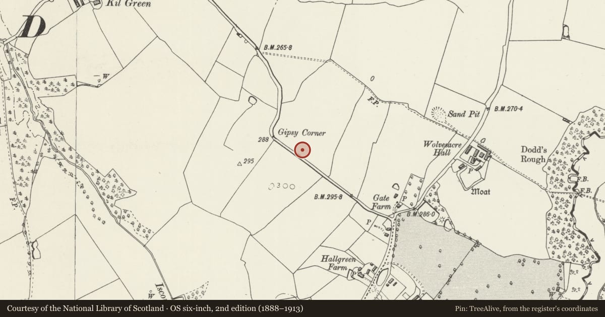 Ordnance Survey six-inch map, 2nd edition (1888–1913) covering the location of Crossfield, Bronington, Wrexham, with a pin at the register's coordinates