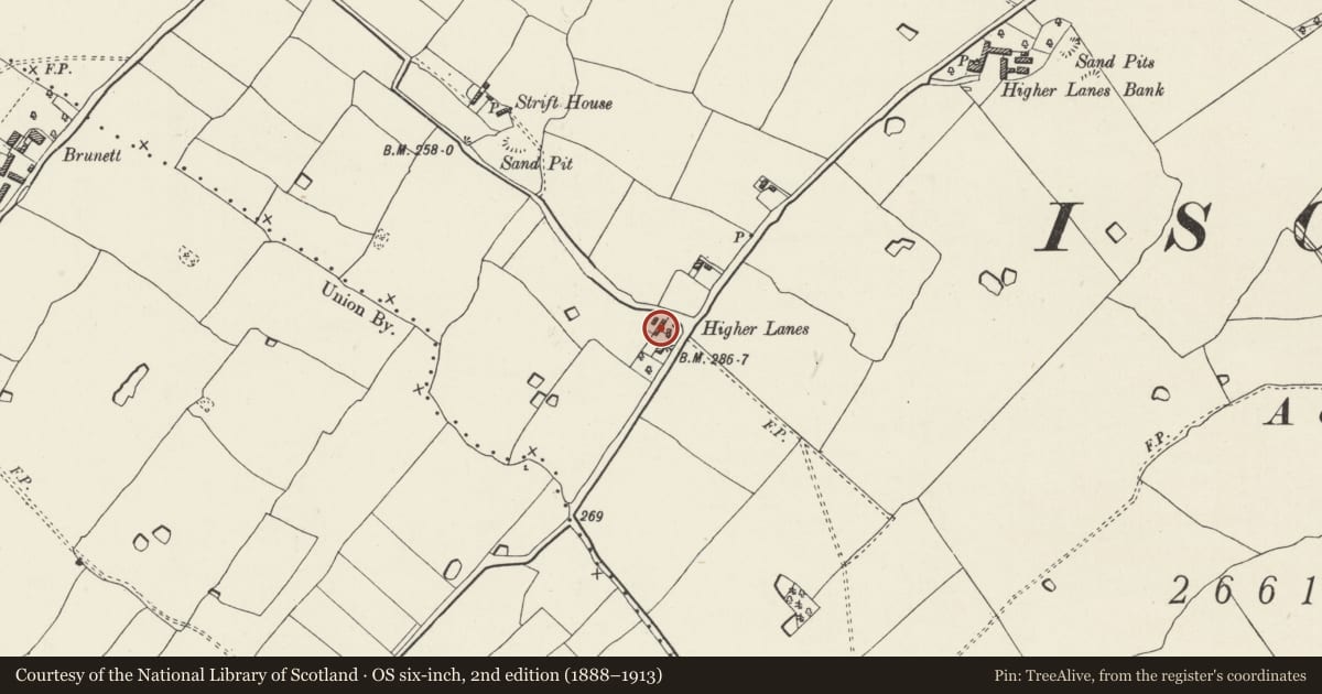 Ordnance Survey six-inch map, 2nd edition (1888–1913) covering the location of Farm buildings at Higher Lanes Farm, Bronington, Wrexham, with a pin at the register's coordinates