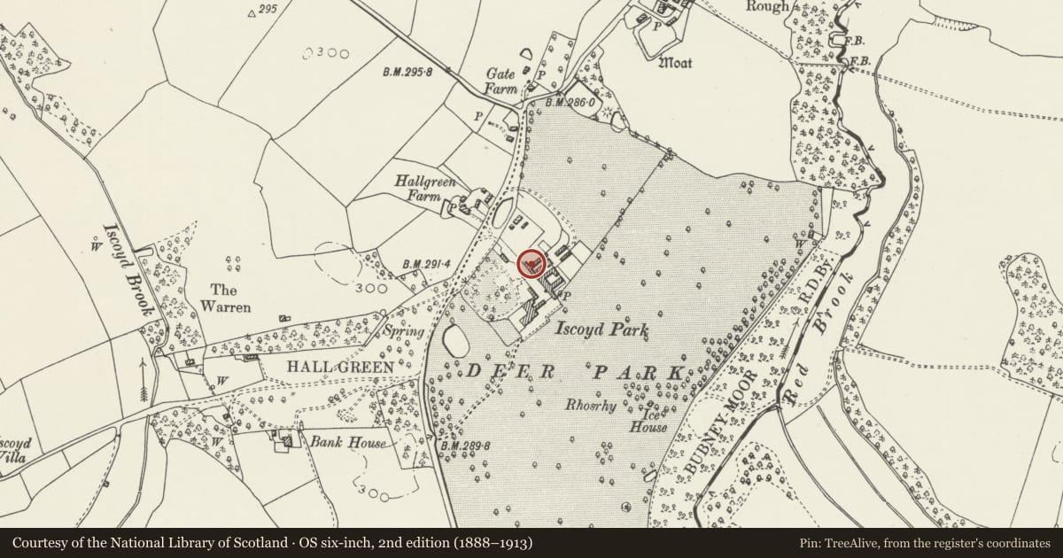 Ordnance Survey six-inch map, 2nd edition (1888–1913) covering the location of Former laundry at Iscoyd Park, Bronington, Wrexham, with a pin at the register's coordinates