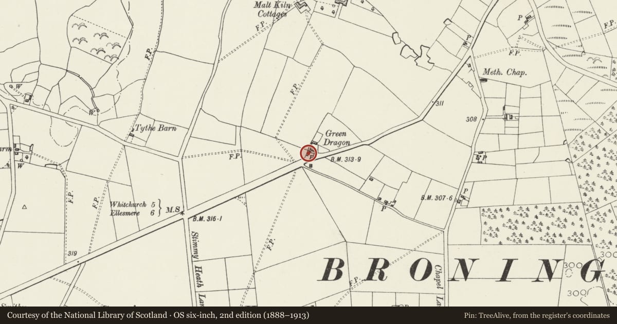 Ordnance Survey six-inch map, 2nd edition (1888–1913) covering the location of Former stable and coach house at Green Dragon Farm, Bronington, Wrexham, with a pin at the register's coordinates