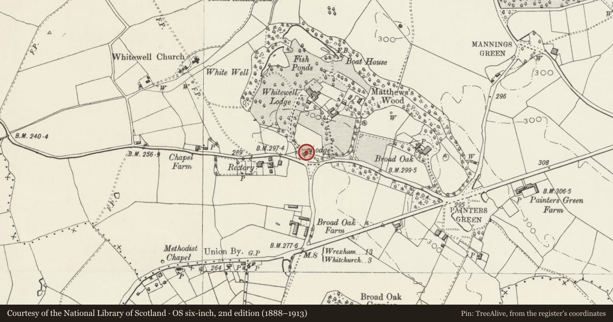 Ordnance Survey six-inch map, 2nd edition (1888–1913) covering the location of Gate Lodge, Bronington, Wrexham, with a pin at the register's coordinates