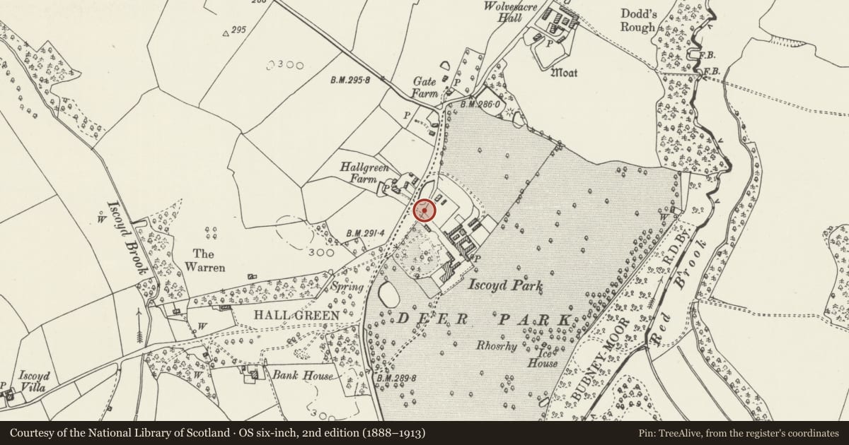 Ordnance Survey six-inch map, 2nd edition (1888–1913) covering the location of Gate piers and attached walls to back drive to Iscoyd Park, Bronington, Wrexham, with a pin at the register's coordinates