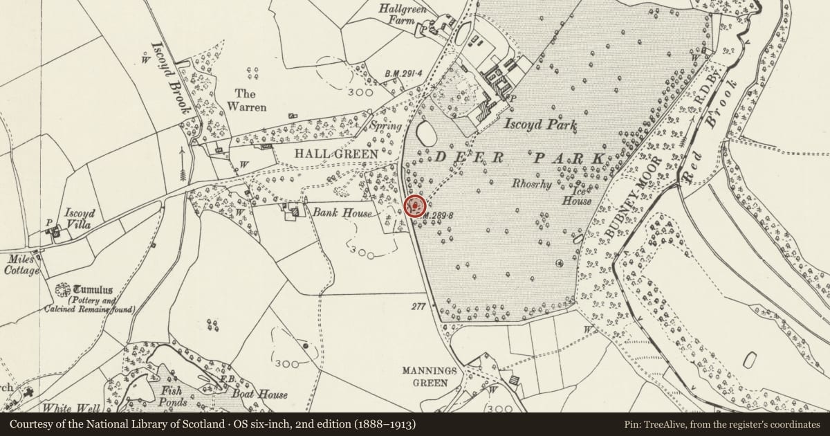 Ordnance Survey six-inch map, 2nd edition (1888–1913) covering the location of Gate piers at entrance to Iscoyd Park, Bronington, Wrexham, with a pin at the register's coordinates