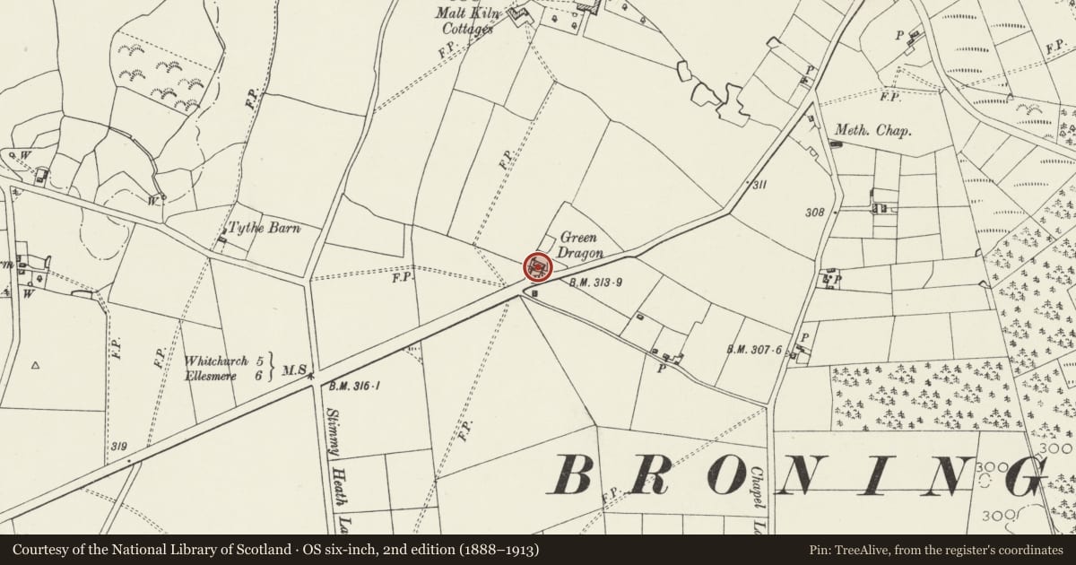 Ordnance Survey six-inch map, 2nd edition (1888–1913) covering the location of Green Dragon Farmhouse, Bronington, Wrexham, with a pin at the register's coordinates