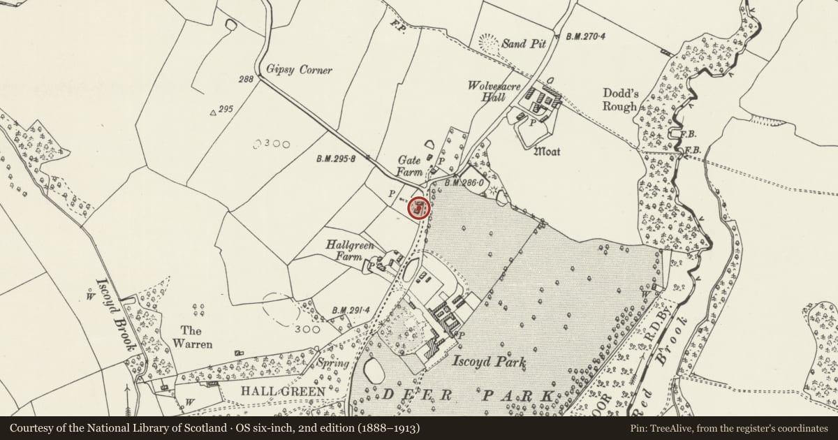 Ordnance Survey six-inch map, 2nd edition (1888–1913) covering the location of Hall Green Holding, Bronington, Wrexham, with a pin at the register's coordinates