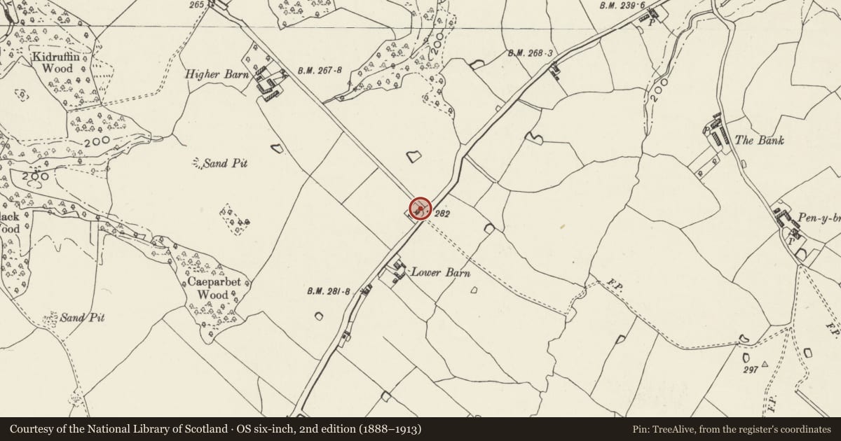 Ordnance Survey six-inch map, 2nd edition (1888–1913) covering the location of Higher Barns Lodge, Bronington, Wrexham, with a pin at the register's coordinates