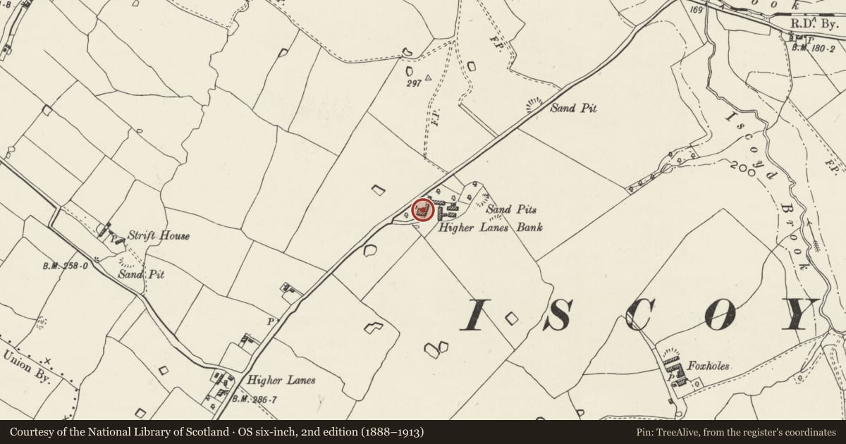 Ordnance Survey six-inch map, 2nd edition (1888–1913) covering the location of Higher Lanes Bank Farmhouse, Bronington, Wrexham, with a pin at the register's coordinates