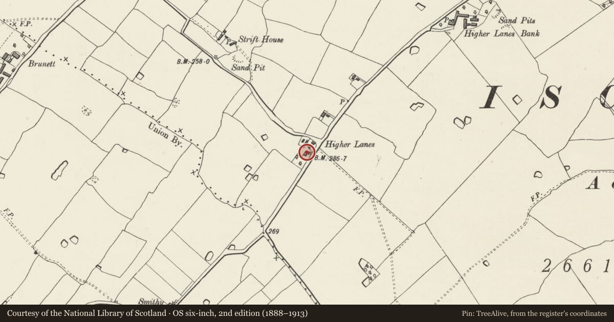 Ordnance Survey six-inch map, 2nd edition (1888–1913) covering the location of Higher Lanes Farmhouse, Bronington, Wrexham, with a pin at the register's coordinates
