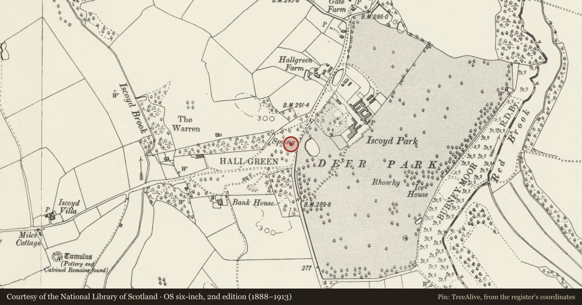Ordnance Survey six-inch map, 2nd edition (1888–1913) covering the location of Iscoyd Park war memorial, Bronington, Wrexham, with a pin at the register's coordinates
