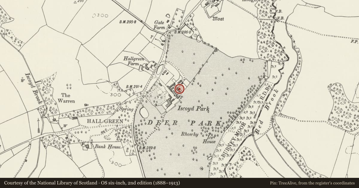 Ordnance Survey six-inch map, 2nd edition (1888–1913) covering the location of Kennels at Iscoyd Park, Bronington, Wrexham, with a pin at the register's coordinates