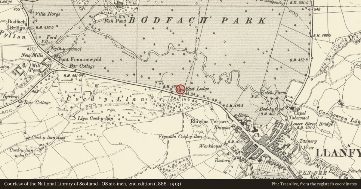 Ordnance Survey six-inch map, 2nd edition (1888–1913) covering the location of East Lodge at Bodfach Hall, Llanfyllin, Powys, with a pin at the register's coordinates