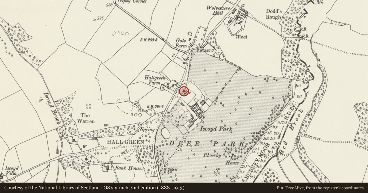 Ordnance Survey six-inch map, 2nd edition (1888–1913) covering the location of Kitchen garden walls at Iscoyd Park, Bronington, Wrexham, with a pin at the register's coordinates