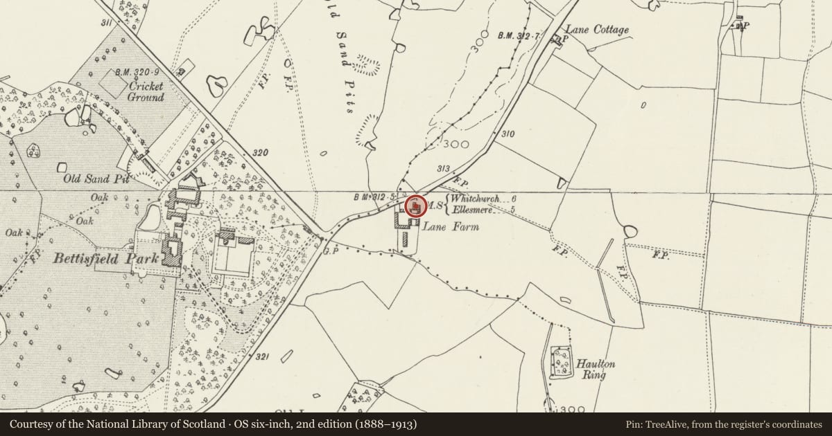 Ordnance Survey six-inch map, 2nd edition (1888–1913) covering the location of Lane Farmhouse including attached garden wall, Bronington, Wrexham, with a pin at the register's coordinates