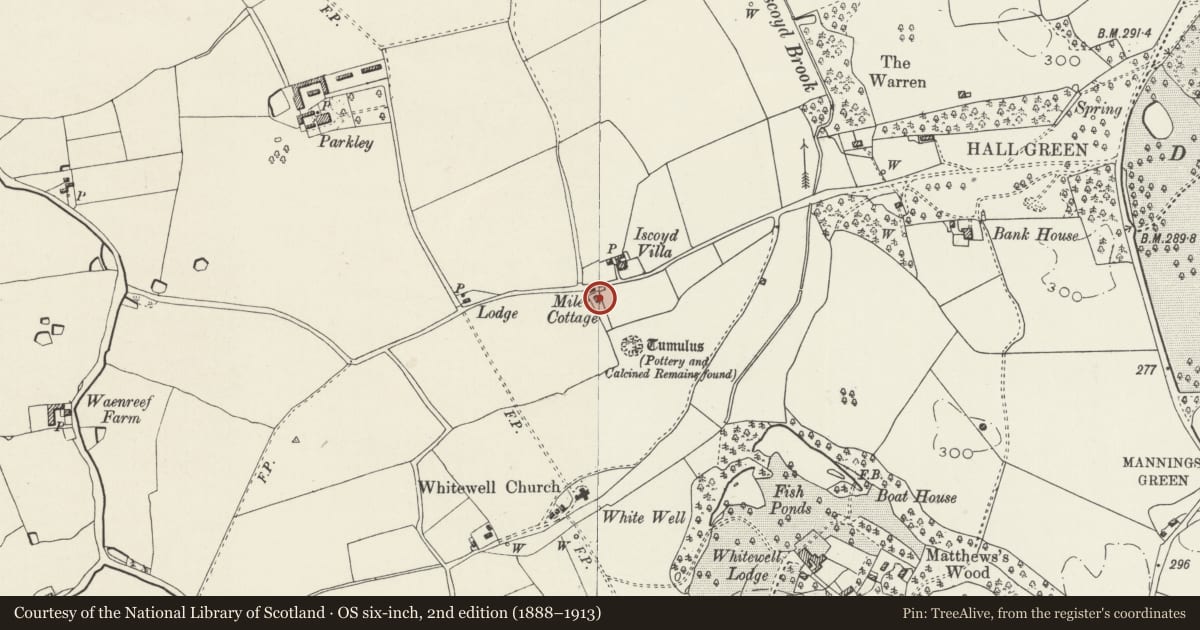 Ordnance Survey six-inch map, 2nd edition (1888–1913) covering the location of Miles Cottage, Bronington, Wrexham, with a pin at the register's coordinates