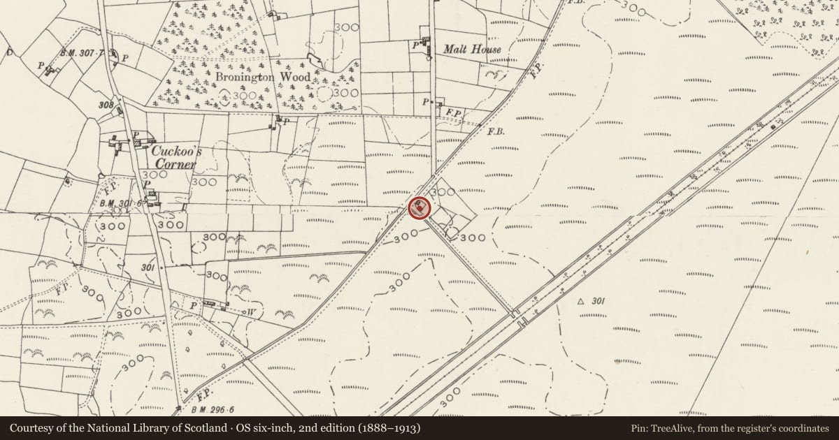 Ordnance Survey six-inch map, 2nd edition (1888–1913) covering the location of Moss Villa, Bronington, Wrexham, with a pin at the register's coordinates