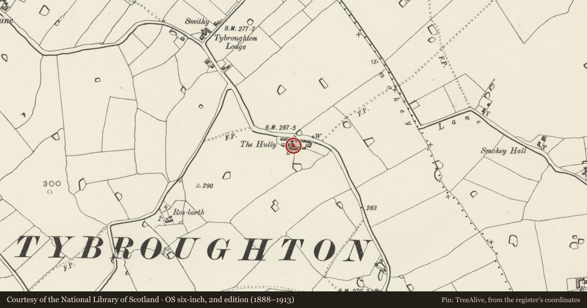 Ordnance Survey six-inch map, 2nd edition (1888–1913) covering the location of Multi-purpose farm block at The Hully, Bronington, Wrexham, with a pin at the register's coordinates