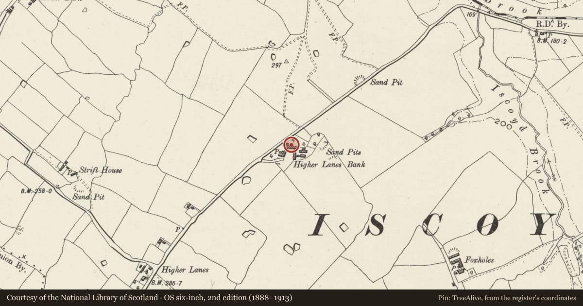 Ordnance Survey six-inch map, 2nd edition (1888–1913) covering the location of Multi-purpose farm range at Higher Lanes Bank Farm, Bronington, Wrexham, with a pin at the register's coordinates