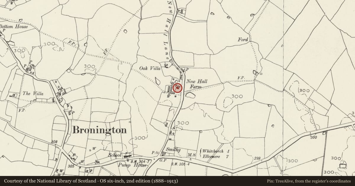 Ordnance Survey six-inch map, 2nd edition (1888–1913) covering the location of New Hall Farmhouse, Bronington, Wrexham, with a pin at the register's coordinates