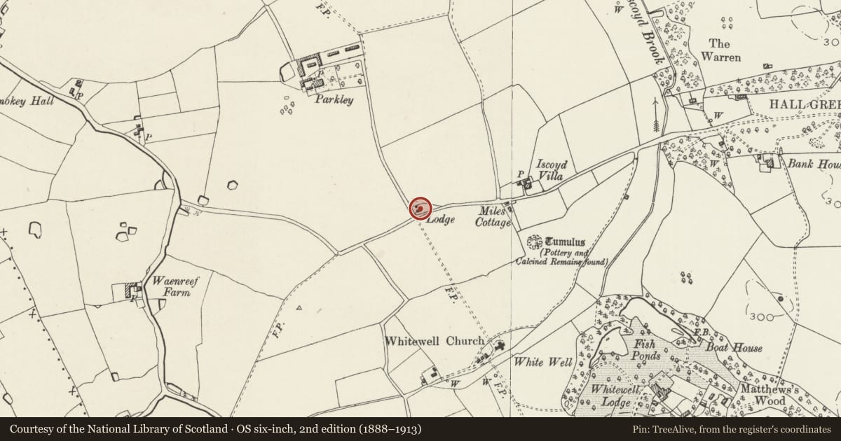 Ordnance Survey six-inch map, 2nd edition (1888–1913) covering the location of Parkley Lodge, Bronington, Wrexham, with a pin at the register's coordinates