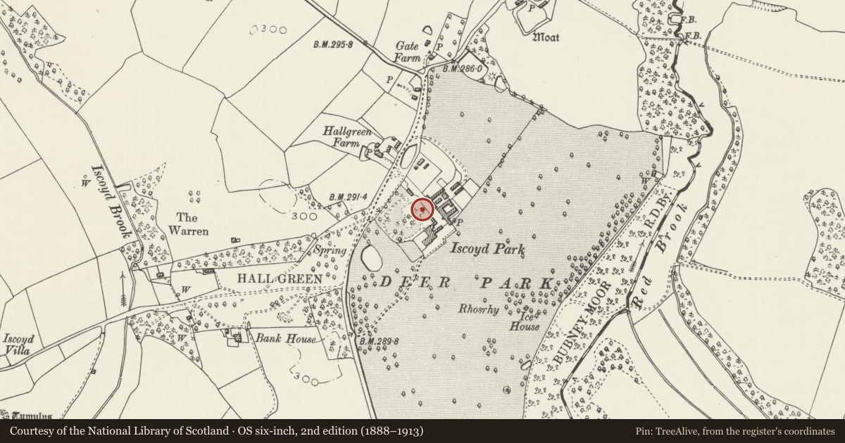 Ordnance Survey six-inch map, 2nd edition (1888–1913) covering the location of Pigeon house at Iscoyd Park, Bronington, Wrexham, with a pin at the register's coordinates