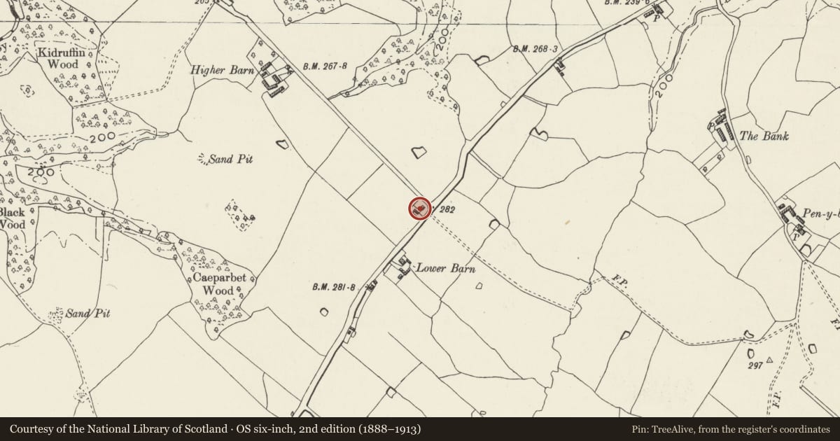 Ordnance Survey six-inch map, 2nd edition (1888–1913) covering the location of Shippon and piggery at Higher Barns Lodge, Bronington, Wrexham, with a pin at the register's coordinates