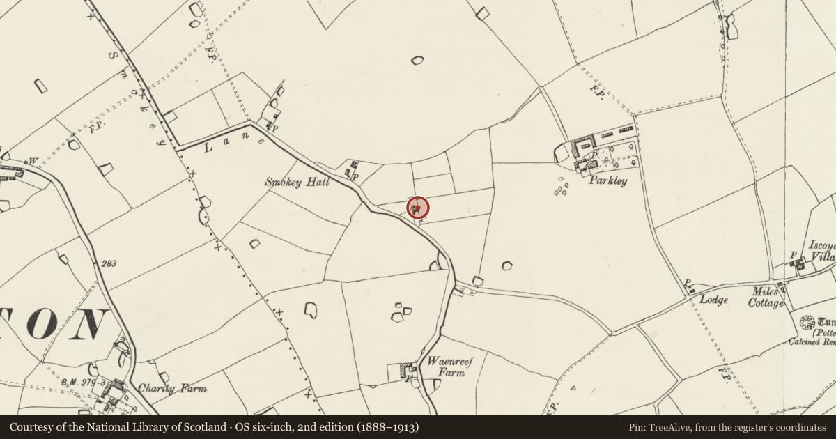 Ordnance Survey six-inch map, 2nd edition (1888–1913) covering the location of Shippon at 1 Smokey Lane, Bronington, Wrexham, with a pin at the register's coordinates