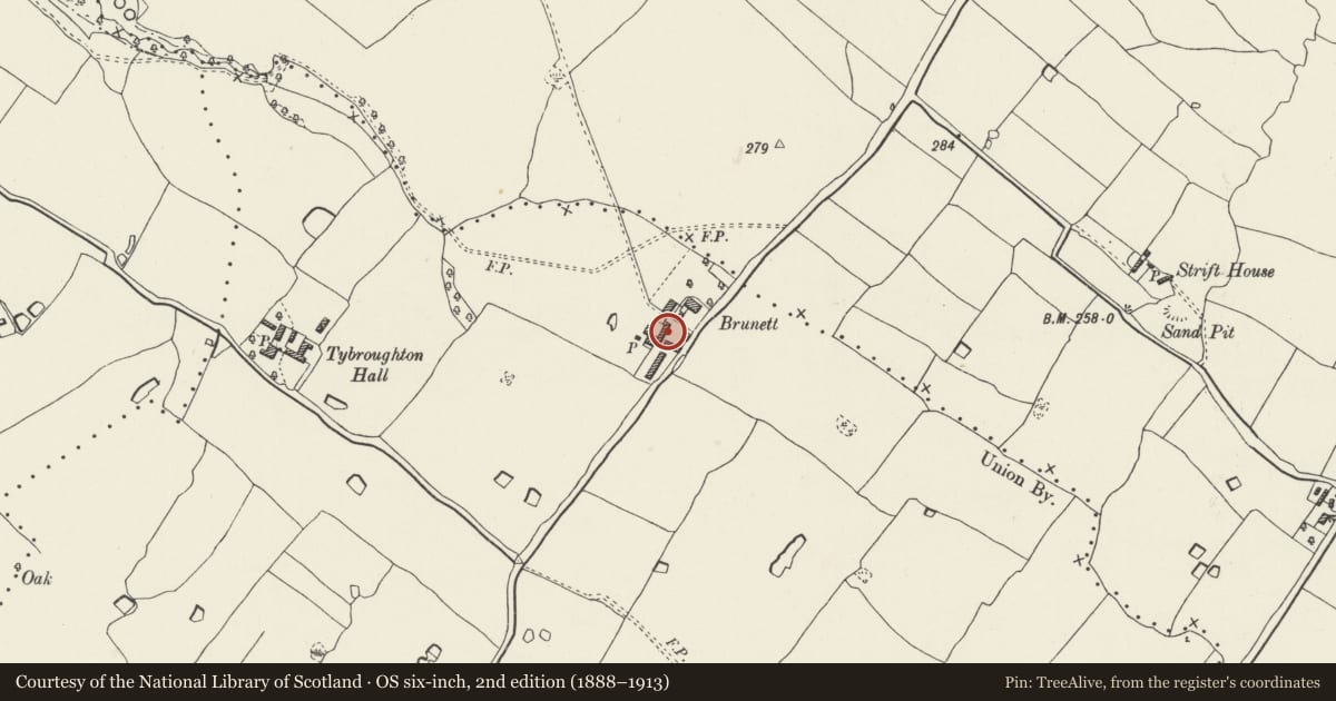 Ordnance Survey six-inch map, 2nd edition (1888–1913) covering the location of Shippon at Brunett Farm, Bronington, Wrexham, with a pin at the register's coordinates