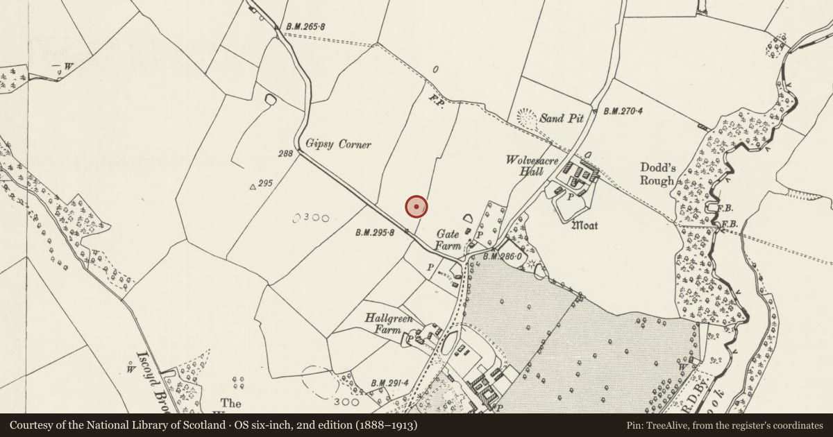 Ordnance Survey six-inch map, 2nd edition (1888–1913) covering the location of Shippon at Bryn Owen Cottage, Bronington, Wrexham, with a pin at the register's coordinates