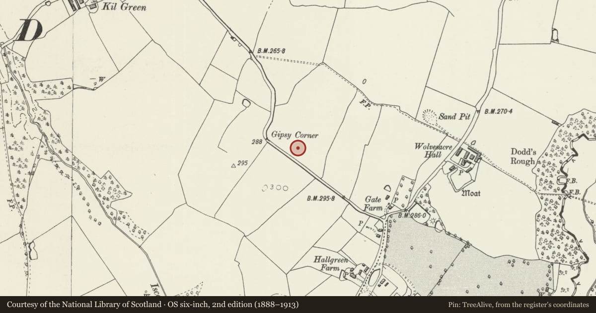 Ordnance Survey six-inch map, 2nd edition (1888–1913) covering the location of Shippon at Crossfield, Bronington, Wrexham, with a pin at the register's coordinates
