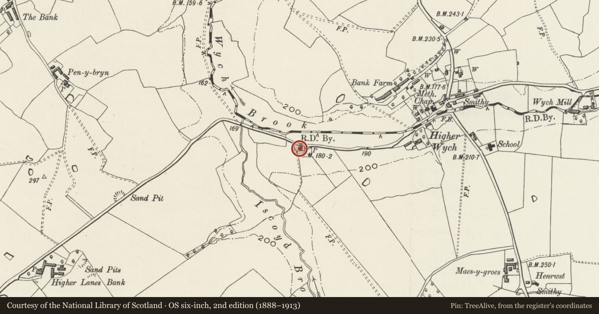 Ordnance Survey six-inch map, 2nd edition (1888–1913) covering the location of Shippon at Kil Green Cottage, Bronington, Wrexham, with a pin at the register's coordinates