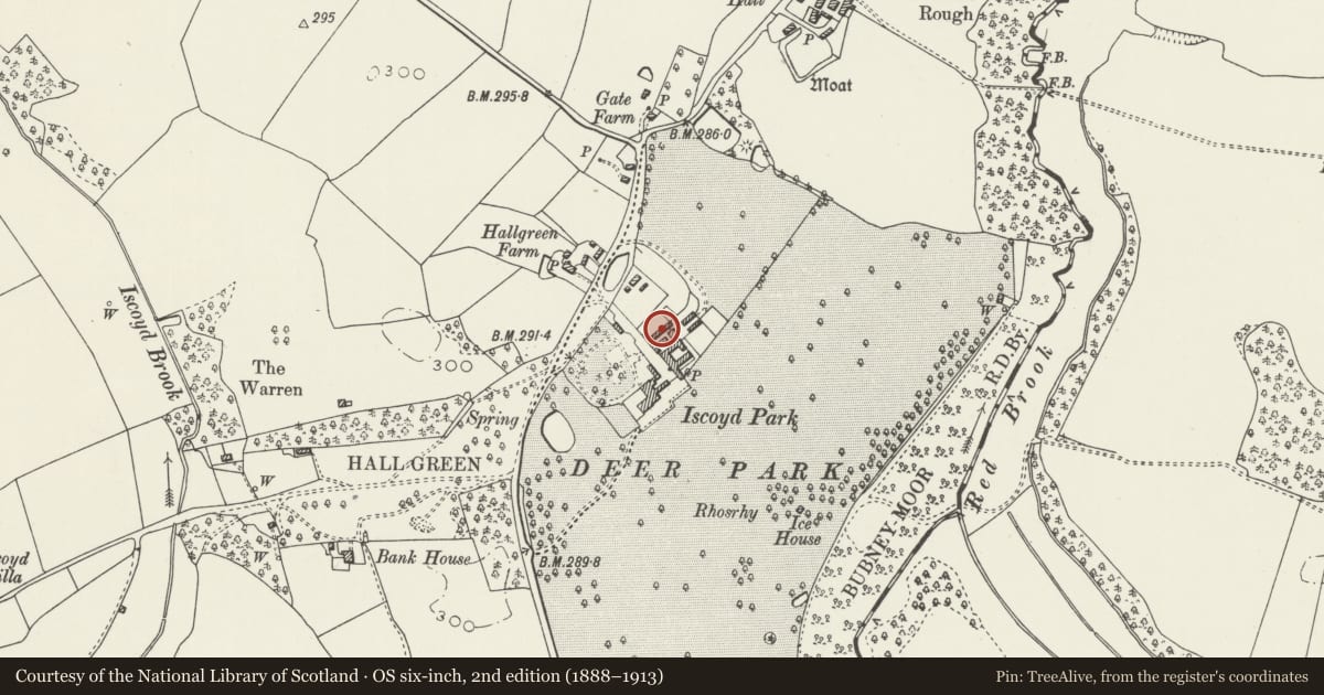 Ordnance Survey six-inch map, 2nd edition (1888–1913) covering the location of Former shippons at Iscoyd Park, Bronington, Wrexham, with a pin at the register's coordinates