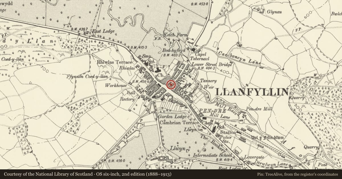Ordnance Survey six-inch map, 2nd edition (1888–1913) covering the location of 1 Bridge Street, Llanfyllin, Powys, with a pin at the register's coordinates