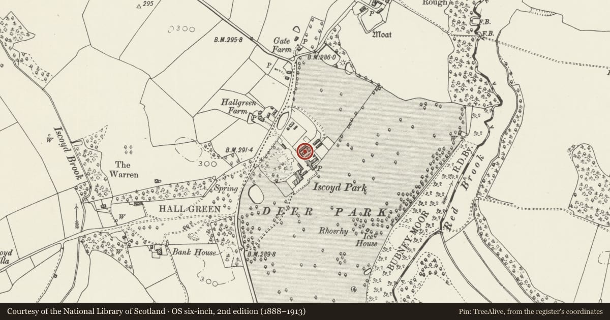 Ordnance Survey six-inch map, 2nd edition (1888–1913) covering the location of Manure shed at Iscoyd Park, Bronington, Wrexham, with a pin at the register's coordinates