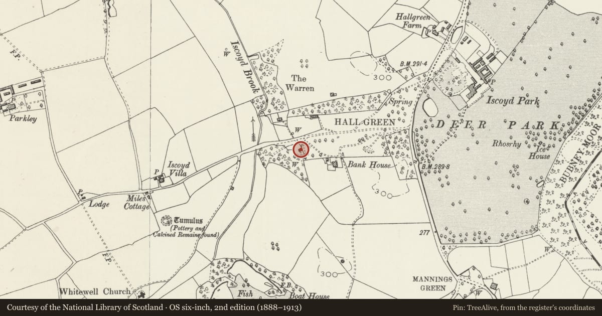 Ordnance Survey six-inch map, 2nd edition (1888–1913) covering the location of Sniddlebog Cottage, Bronington, Wrexham, with a pin at the register's coordinates