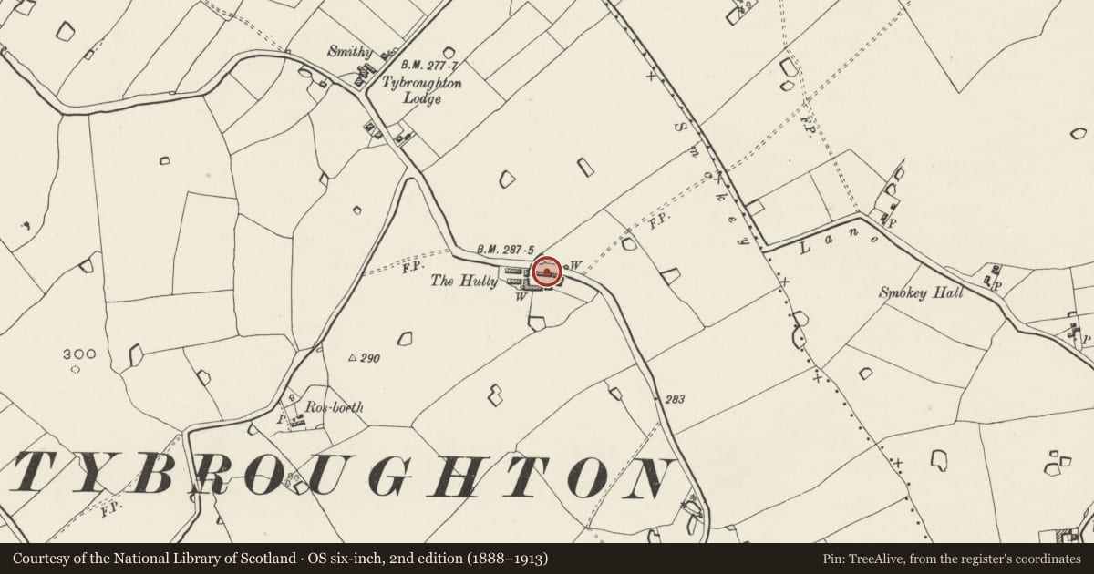 Ordnance Survey six-inch map, 2nd edition (1888–1913) covering the location of Stable at The Hully, Bronington, Wrexham, with a pin at the register's coordinates