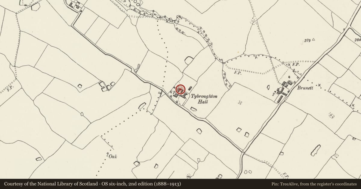 Ordnance Survey six-inch map, 2nd edition (1888–1913) covering the location of Stable and cart house at Tybroughton Hall, Bronington, Wrexham, with a pin at the register's coordinates