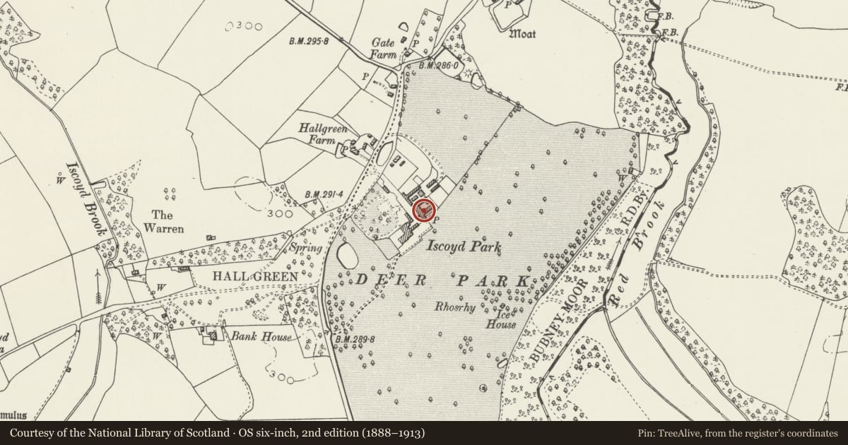 Ordnance Survey six-inch map, 2nd edition (1888–1913) covering the location of Stable and coach house at Iscoyd Park, Bronington, Wrexham, with a pin at the register's coordinates