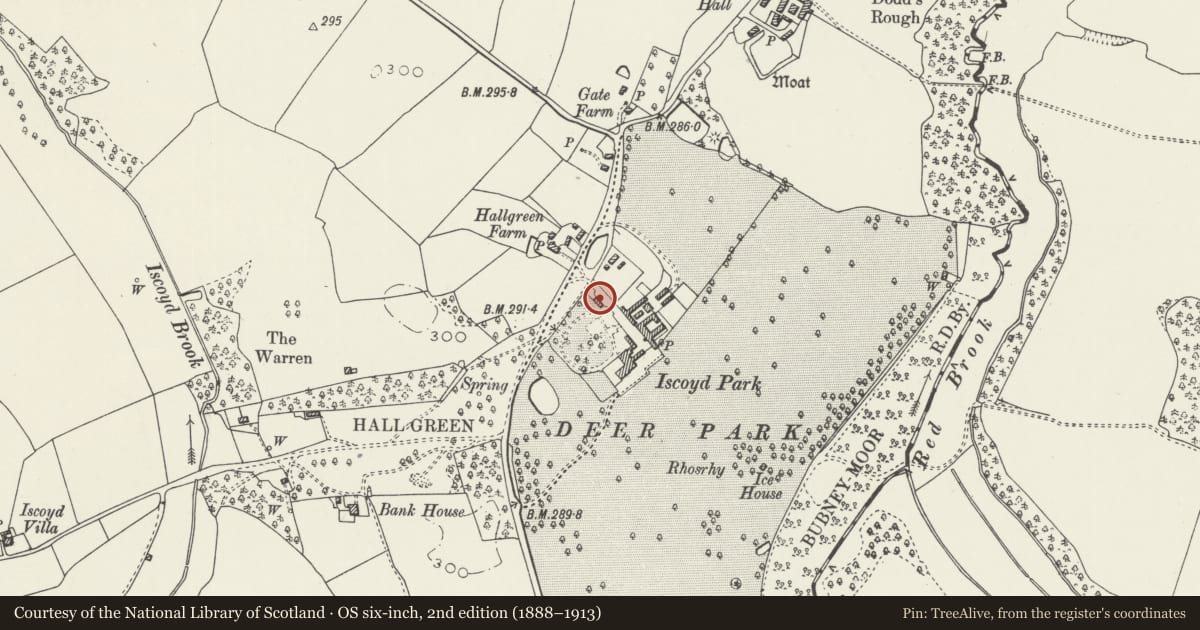 Ordnance Survey six-inch map, 2nd edition (1888–1913) covering the location of Coach house and granary on back drive to Iscoyd Park, Bronington, Wrexham, with a pin at the register's coordinates