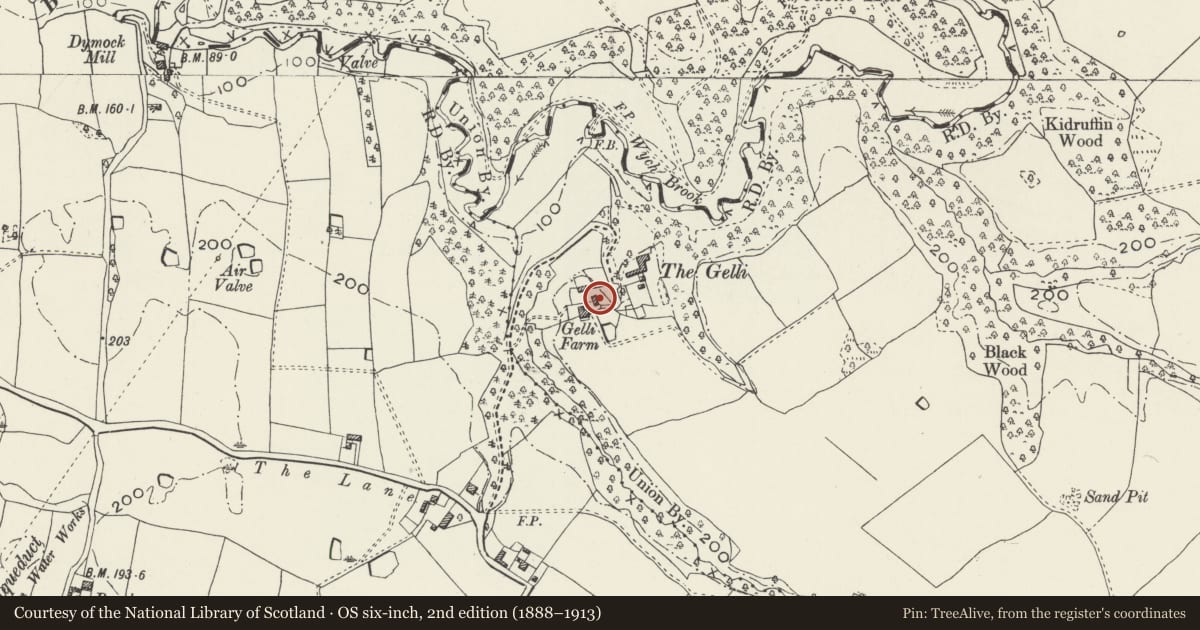 Ordnance Survey six-inch map, 2nd edition (1888–1913) covering the location of Stable at Gelli Farm, Bronington, Wrexham, with a pin at the register's coordinates