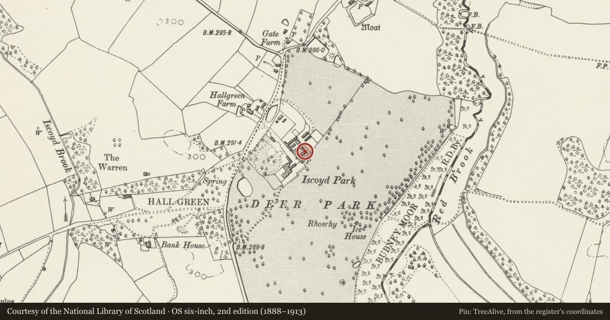 Ordnance Survey six-inch map, 2nd edition (1888–1913) covering the location of Stable at Iscoyd Park, Bronington, Wrexham, with a pin at the register's coordinates