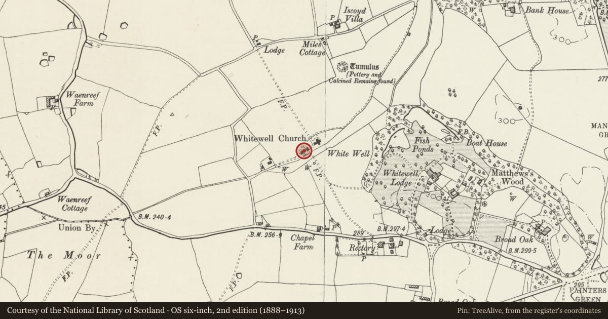 Ordnance Survey six-inch map, 2nd edition (1888–1913) covering the location of Stable at Whitewell Church, Bronington, Wrexham, with a pin at the register's coordinates