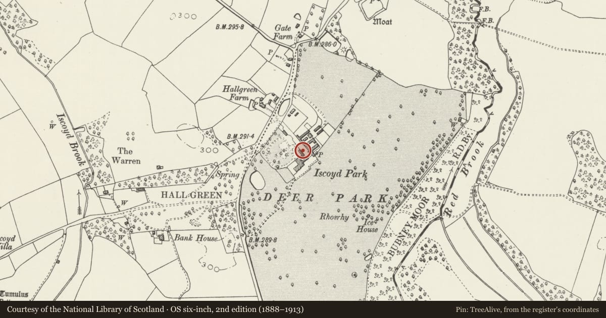 Ordnance Survey six-inch map, 2nd edition (1888–1913) covering the location of Stable, groom's accommodation (The Flat) and dairy at Iscoyd Park, Bronington, Wrexham, with a pin at the register's coordinates