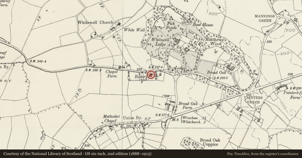 Ordnance Survey six-inch map, 2nd edition (1888–1913) covering the location of The Old Rectory, Bronington, Wrexham, with a pin at the register's coordinates