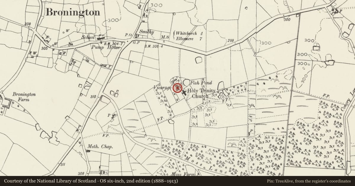 Ordnance Survey six-inch map, 2nd edition (1888–1913) covering the location of The Vicarage, including attached garden wall, Bronington, Wrexham, with a pin at the register's coordinates