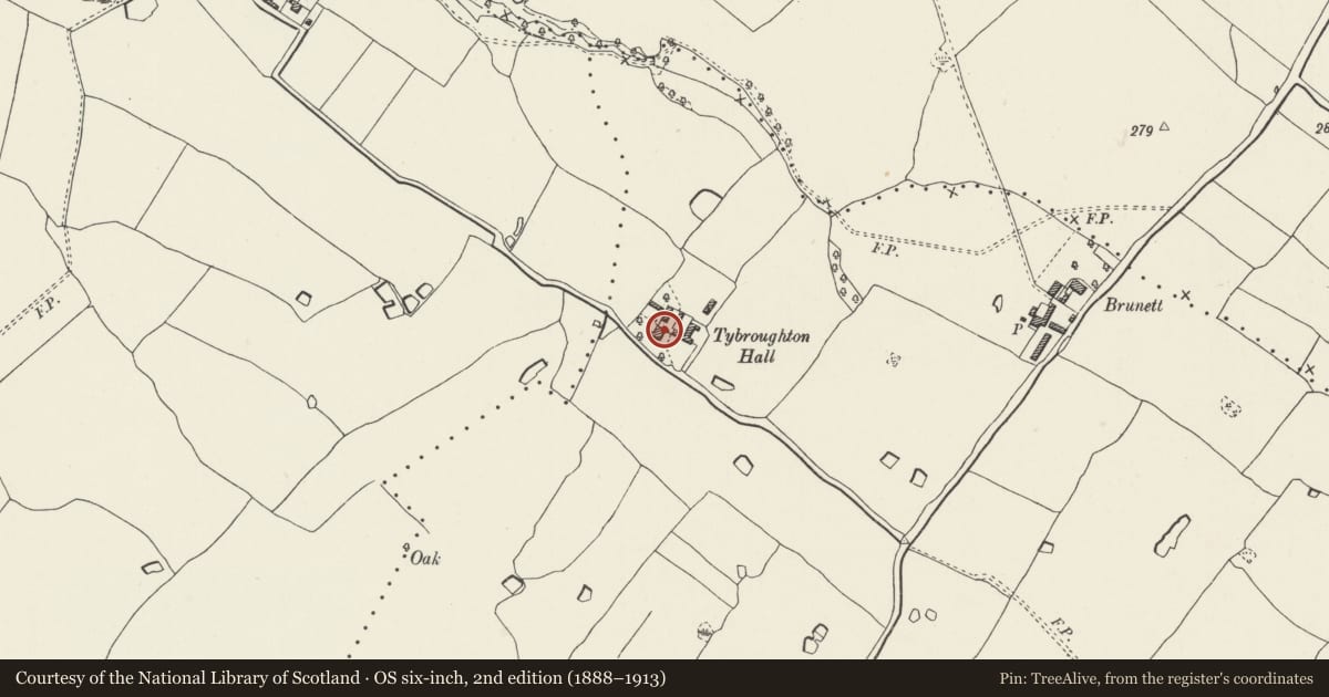 Ordnance Survey six-inch map, 2nd edition (1888–1913) covering the location of Tybroughton Hall, Bronington, Wrexham, with a pin at the register's coordinates