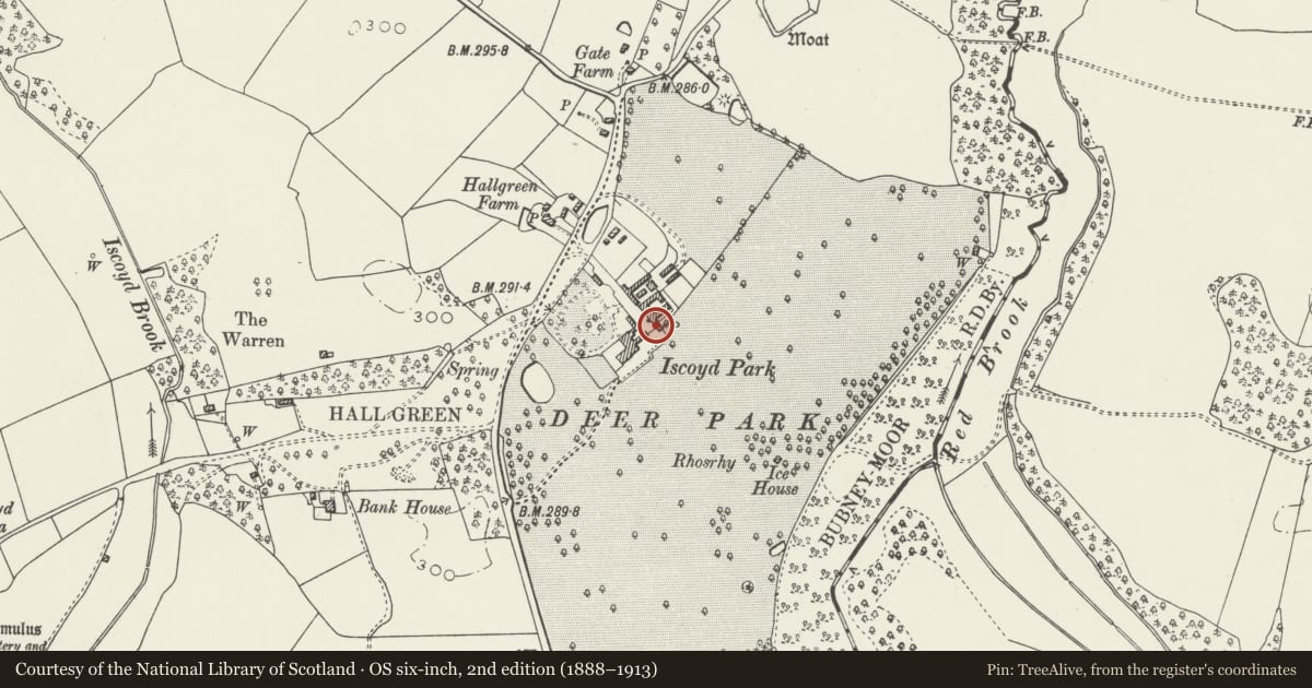 Ordnance Survey six-inch map, 2nd edition (1888–1913) covering the location of Walls, gate piers and gate between forecourt and service yard at Iscoyd Park, Bronington, Wrexham, with a pin at the register's coordinates