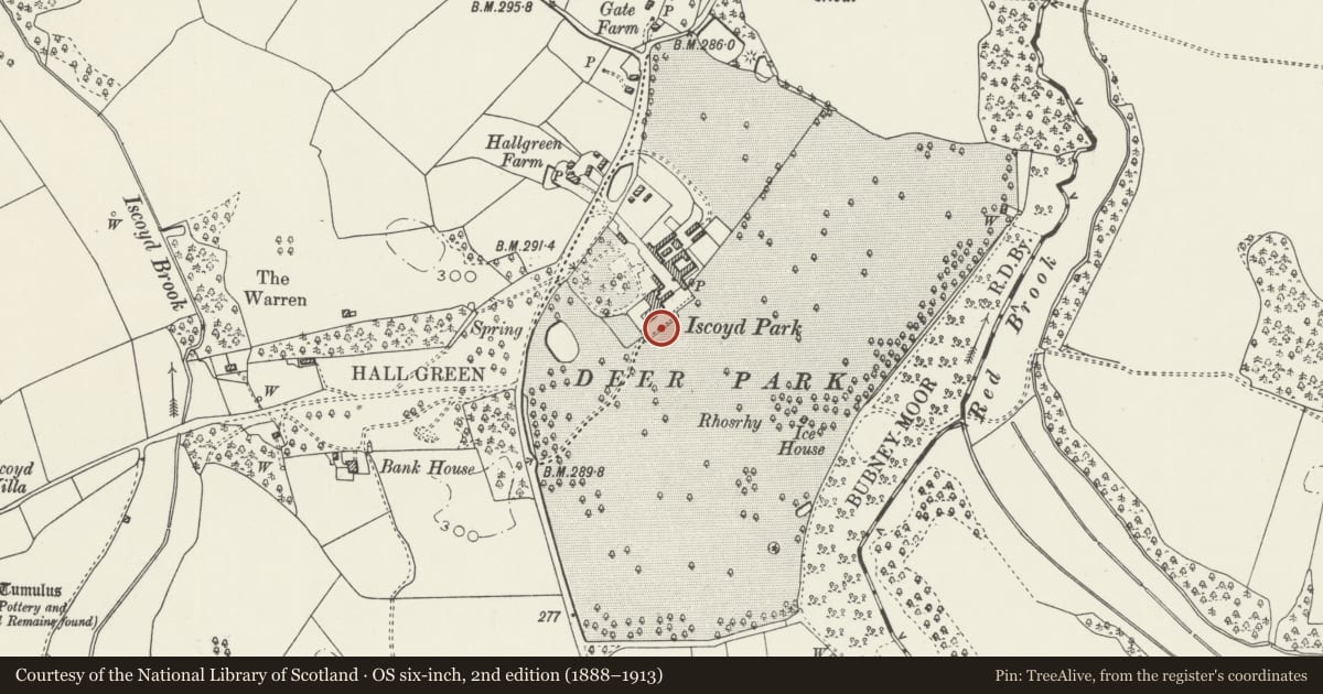 Ordnance Survey six-inch map, 2nd edition (1888–1913) covering the location of Walls, gate piers and gates to forecourt and formal garden at Iscoyd Park, Bronington, Wrexham, with a pin at the register's coordinates